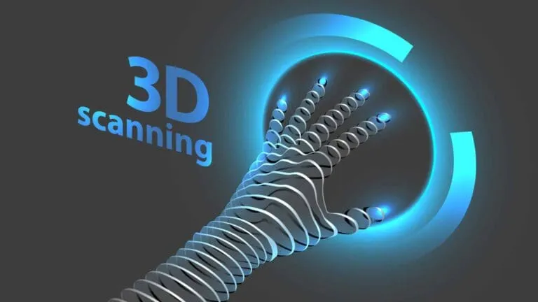 Illustration of a hand rendered as 3D scan contour slices next to the words 3D scanning