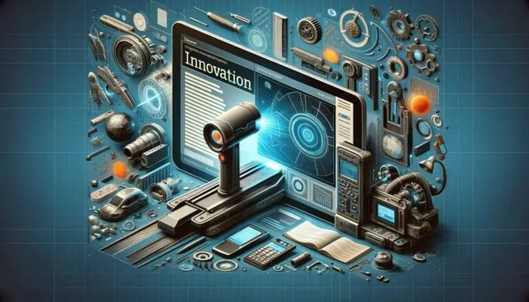 Illustration of 3D scanning and engineering tools arranged around a screen labeled Innovation