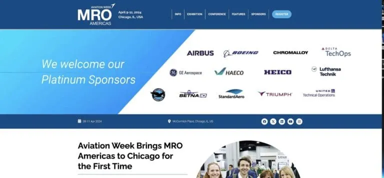 MRO Americas 2024 event page for the Aviation Week show in Chicago, with platinum sponsor logos