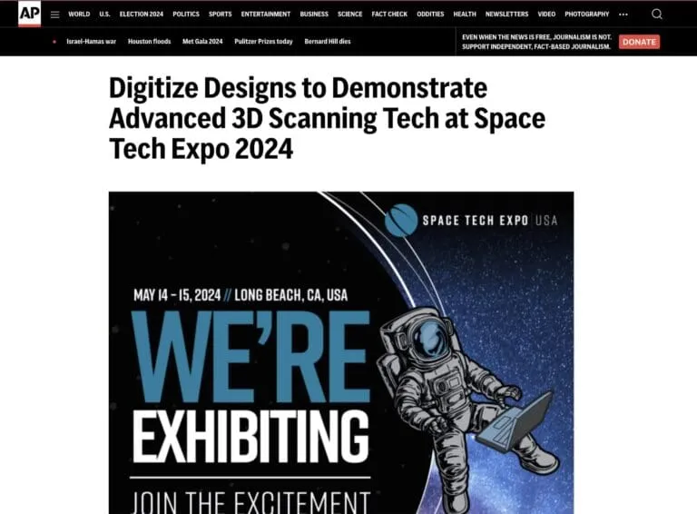 AP News article announcing Digitize Designs at Space Tech Expo USA 2024 in Long Beach, CA