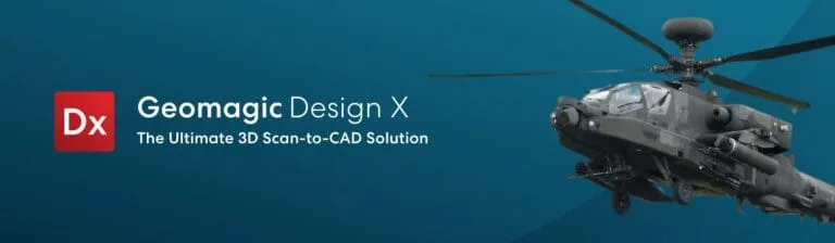 Geomagic Design X scan-to-CAD webinar banner with an attack helicopter