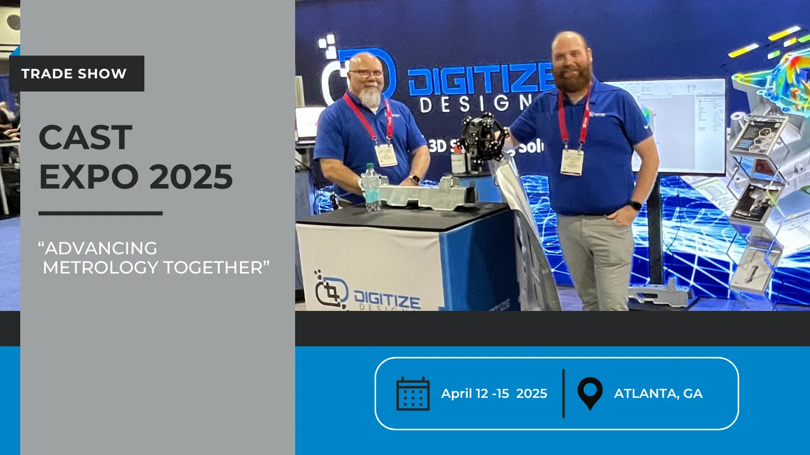 Image of two men standing in a Digitize Designs company trade show booth at 2025 Cast Expo