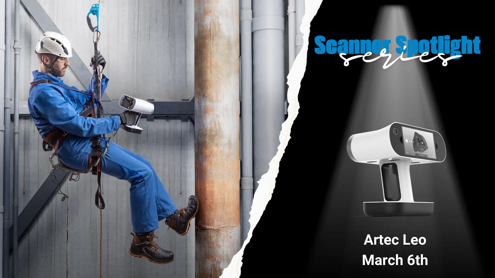 An image showing the Artec Leo 3D Scanner being used by an inspector high up in an industrial building to scan pipes with the wireless 3d scanner