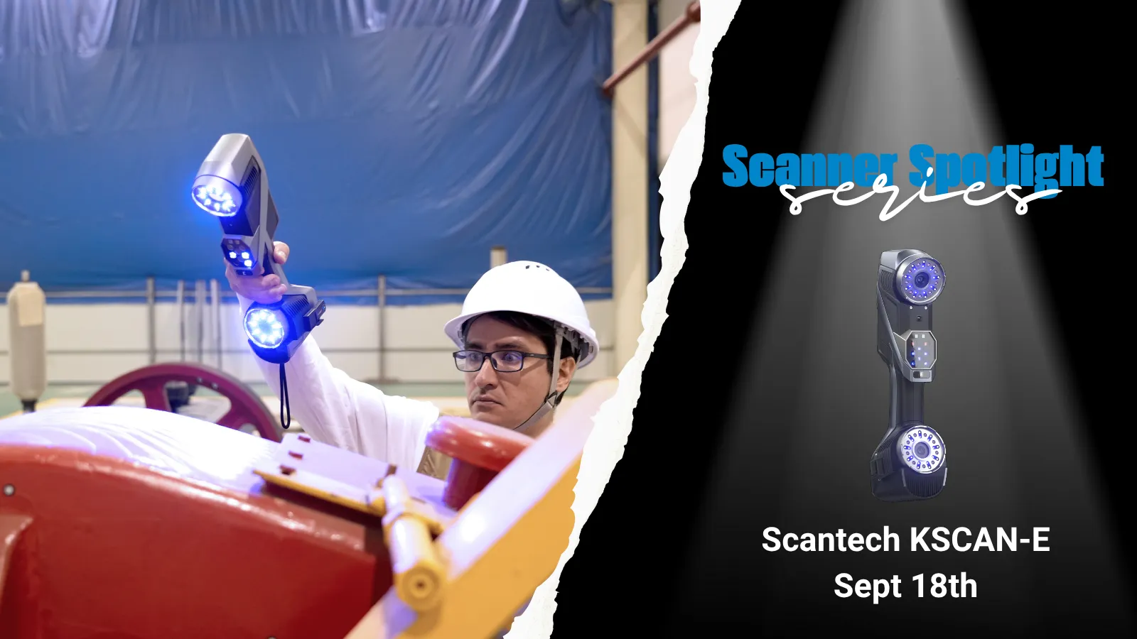 An image showing the Scantech KSCAN-E, 3D Scanner being used to scan a large piece of equipment in a warehouse.