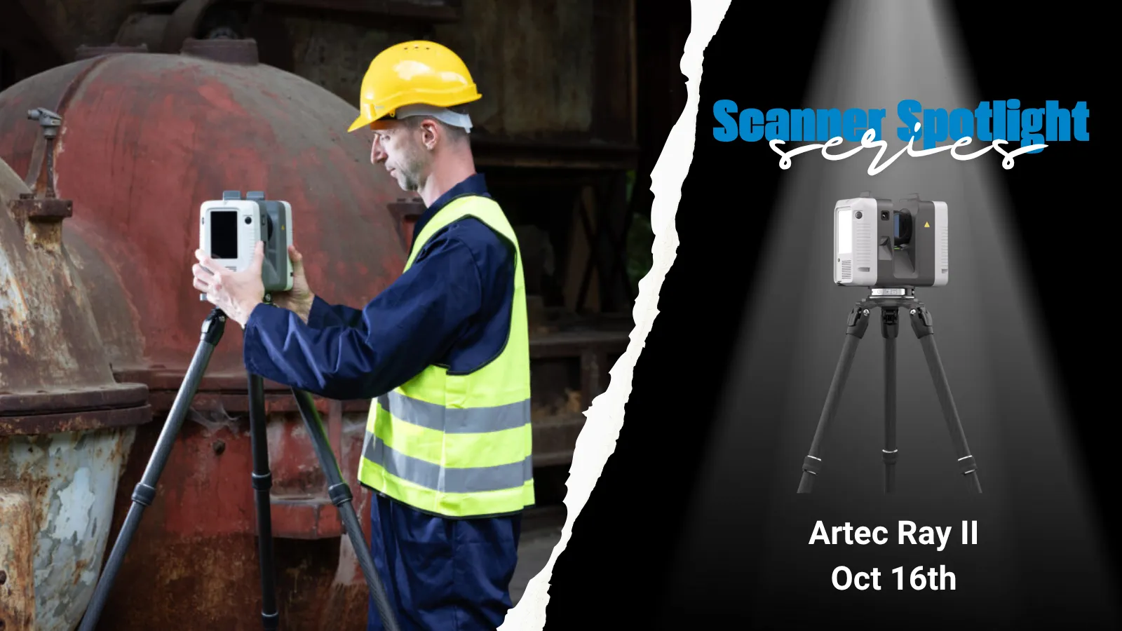 An image showing a man setting up the Artec Ray 2, 3D Long Range Scanner to scan a large warehouse.