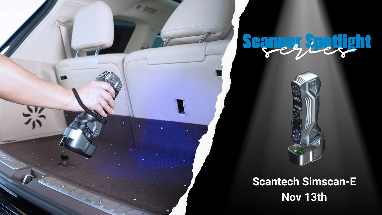 An image showing the Scantech Simscan-E, 3D Handheld Scanner being used to scan the back trunk of an SUV.