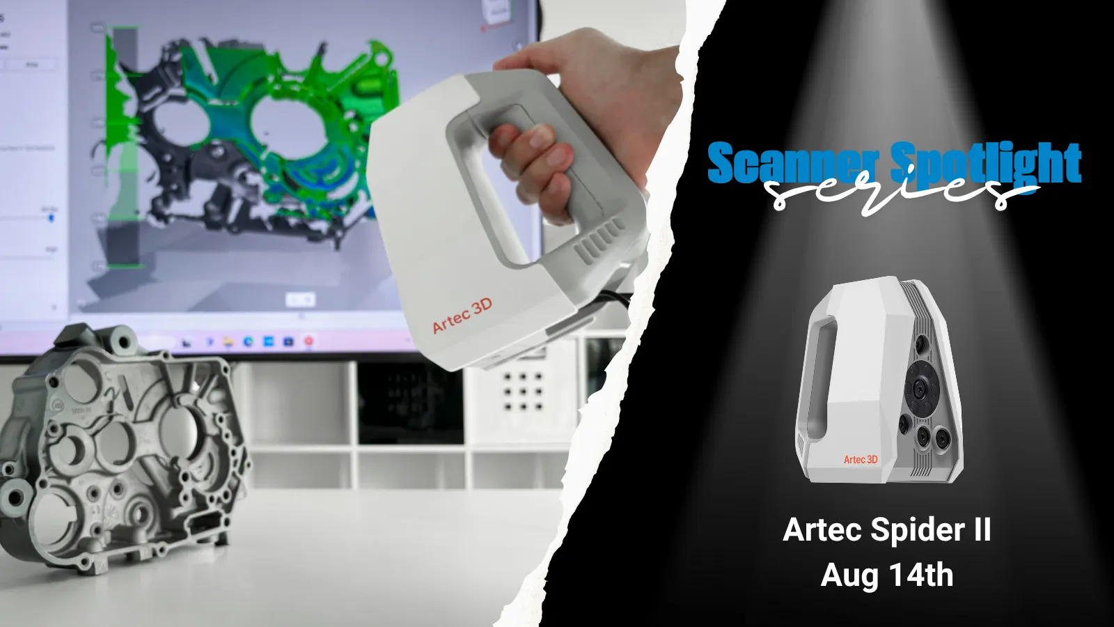 An image showing the Artec Spider 2, 3D Scanner being used to scan a part on a desktop. In the background is a computer screen showing a digital image of the data captured so far.