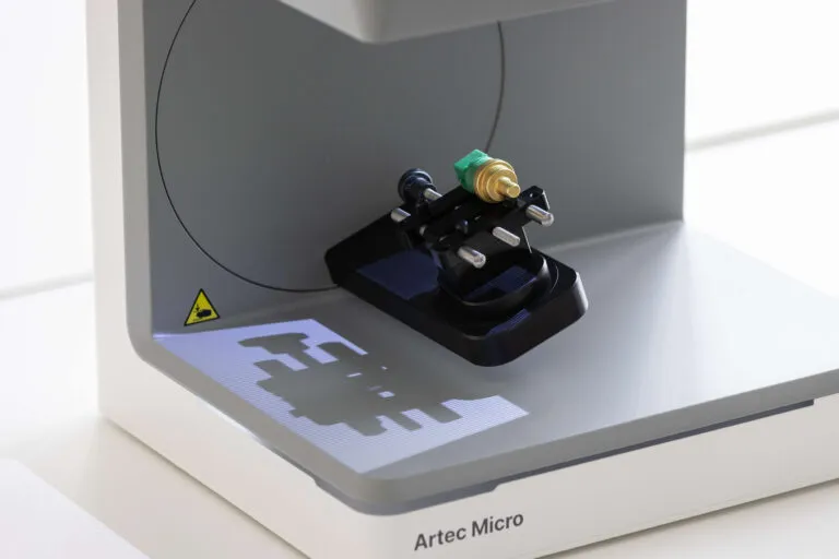 Artec Micro II desktop 3D scanner during scan process closeup