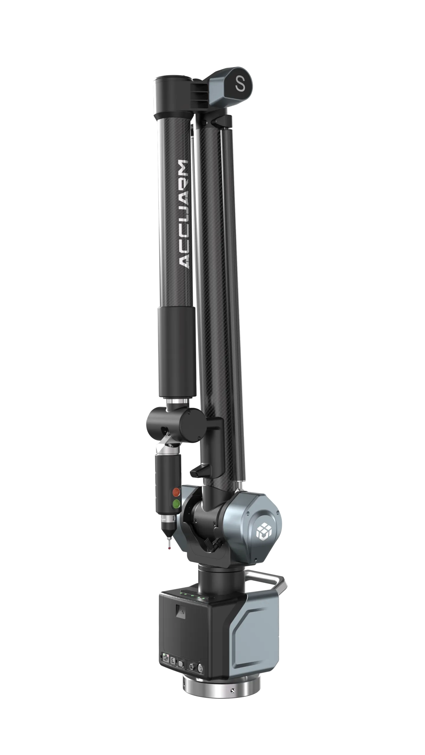 Scanology AccuArm portable coordinate measuring arm with carbon fiber tubes, articulated joints, a touch probe tip, and a rotating base unit