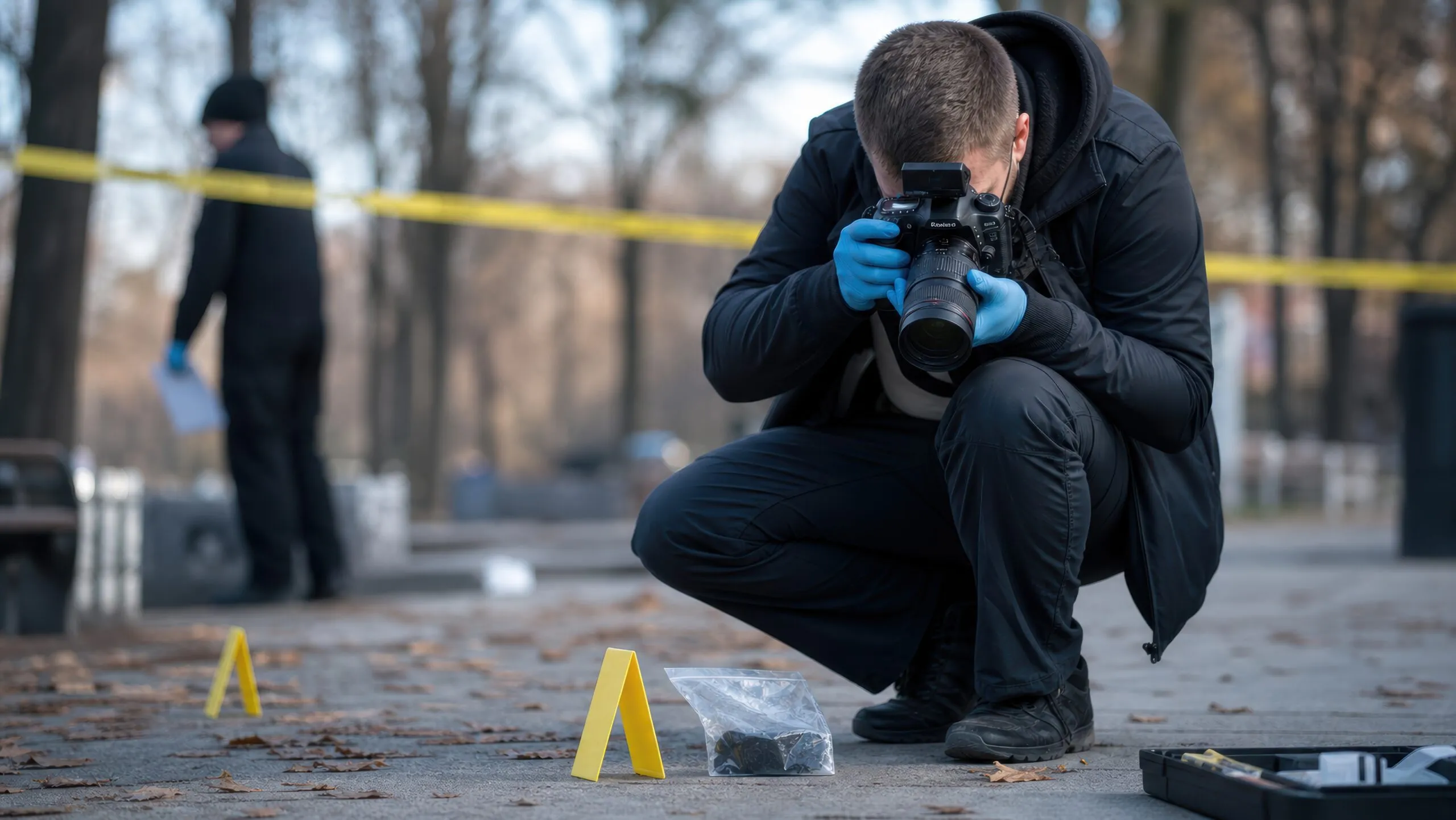 Forensic investigator photographing evidence at a taped off outdoor crime scene