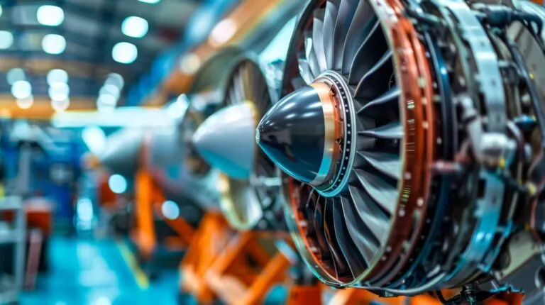 Close-up of a jet engine fan and nose cone in an aircraft maintenance hangar