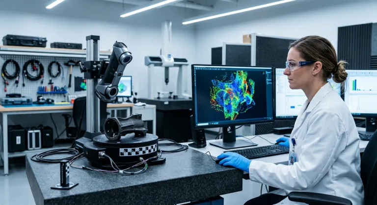 Engineer reviewing a color deviation map next to an arm-mounted 3D scanner and turntable in a metrology lab