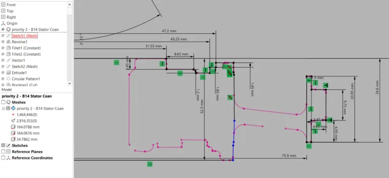 Scan-to-CAD sketch with dimensions drawn over a cross-section of a scanned part