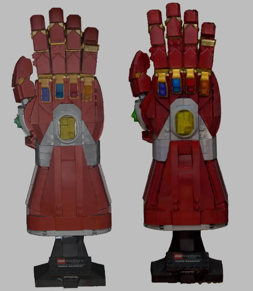 lego gauntlet - scan on left, photogrammetry on right, with color texture.png