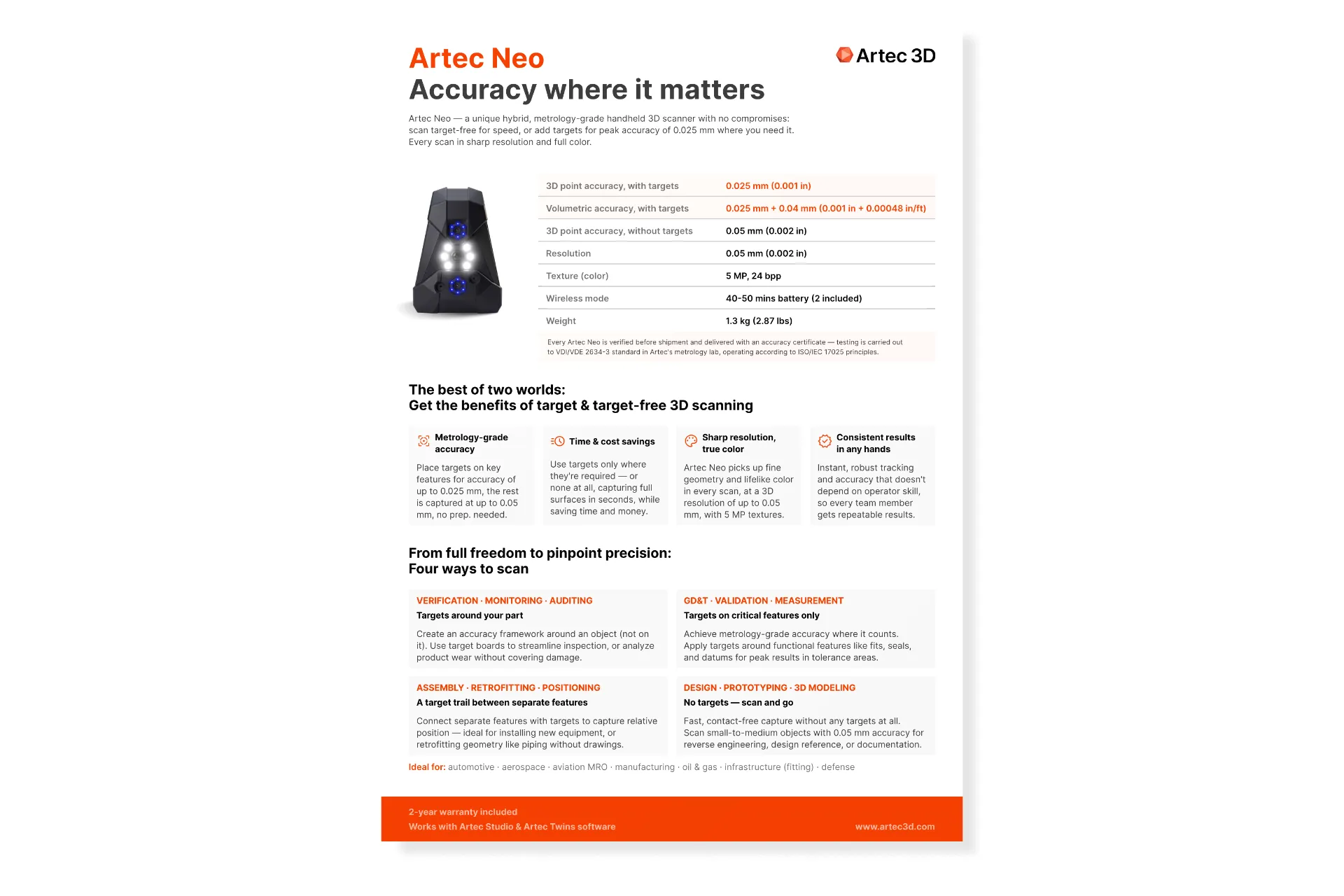 Artec Neo specification leaflet cover: accuracy figures and the four ways to scan
