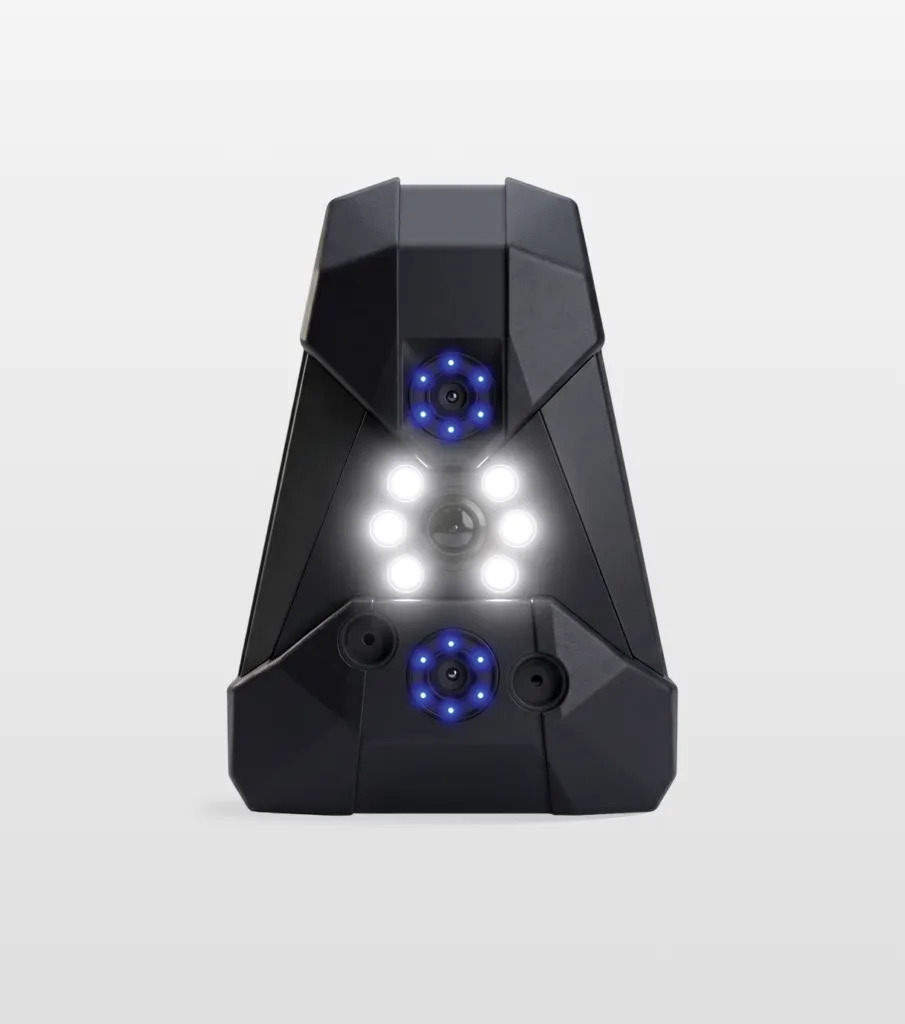 Artec Neo front view with its blue structured-light projector and white texture illumination LEDs lit