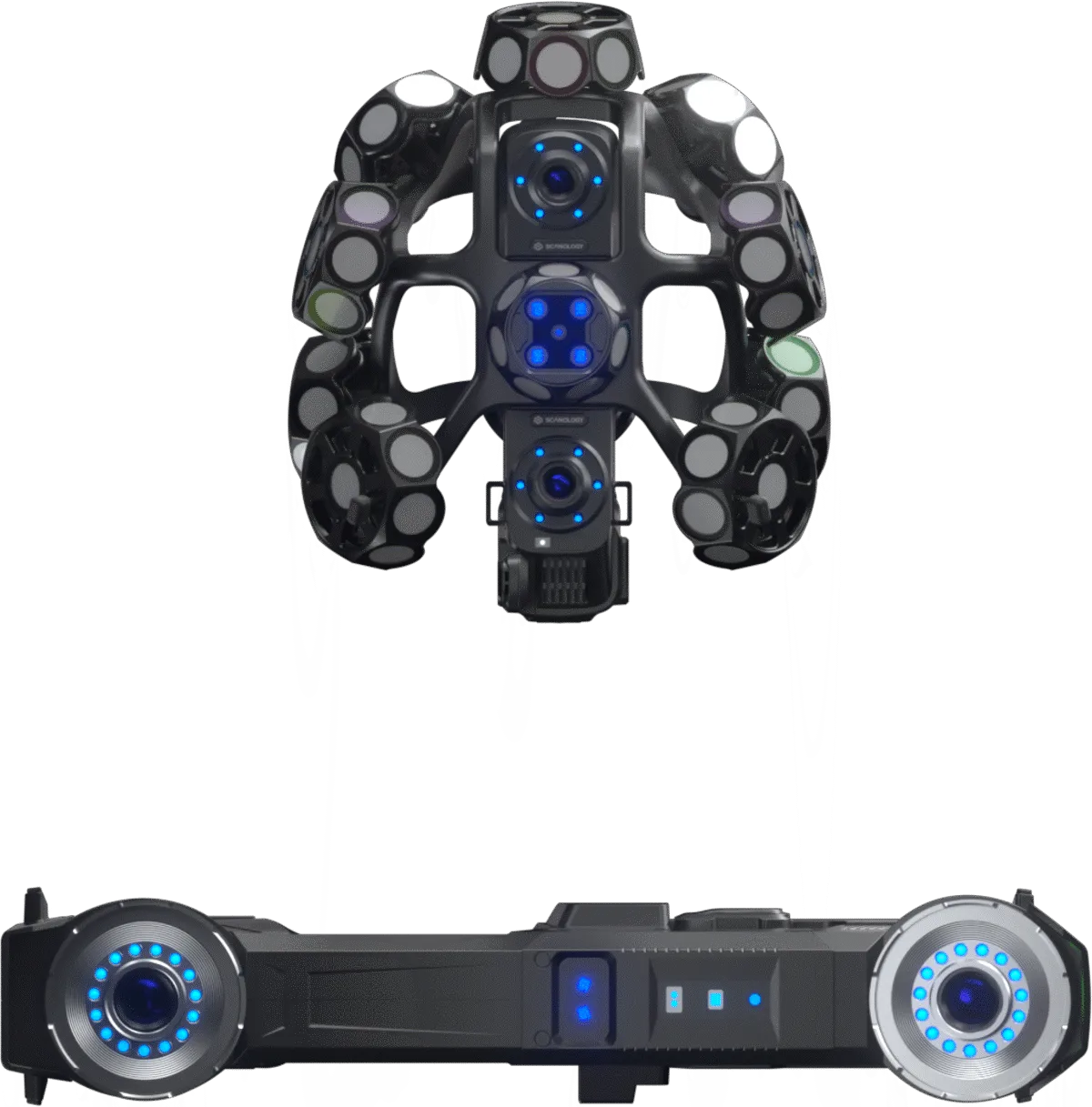 SCANOLOGY TrackScan GO portable optical 3D scanning system: the multi-camera handheld i-Scanner above the twin-lens i-Tracker bar