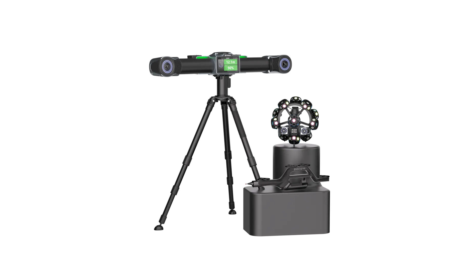 SCANOLOGY TrackScan Sharp-Z optical 3D scanning system: tracker head on a carbon-fiber tripod beside the handheld scanner and its charging base