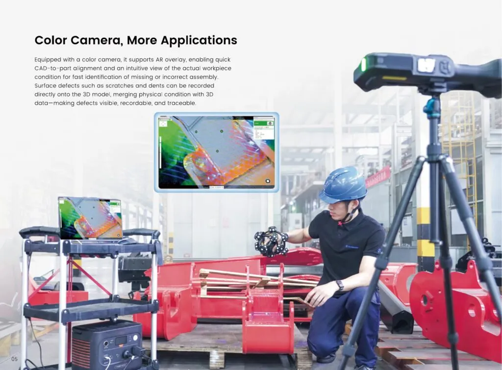 TrackScan GO color camera with AR overlay showing captured 3D data aligned to the physical workpiece on screen