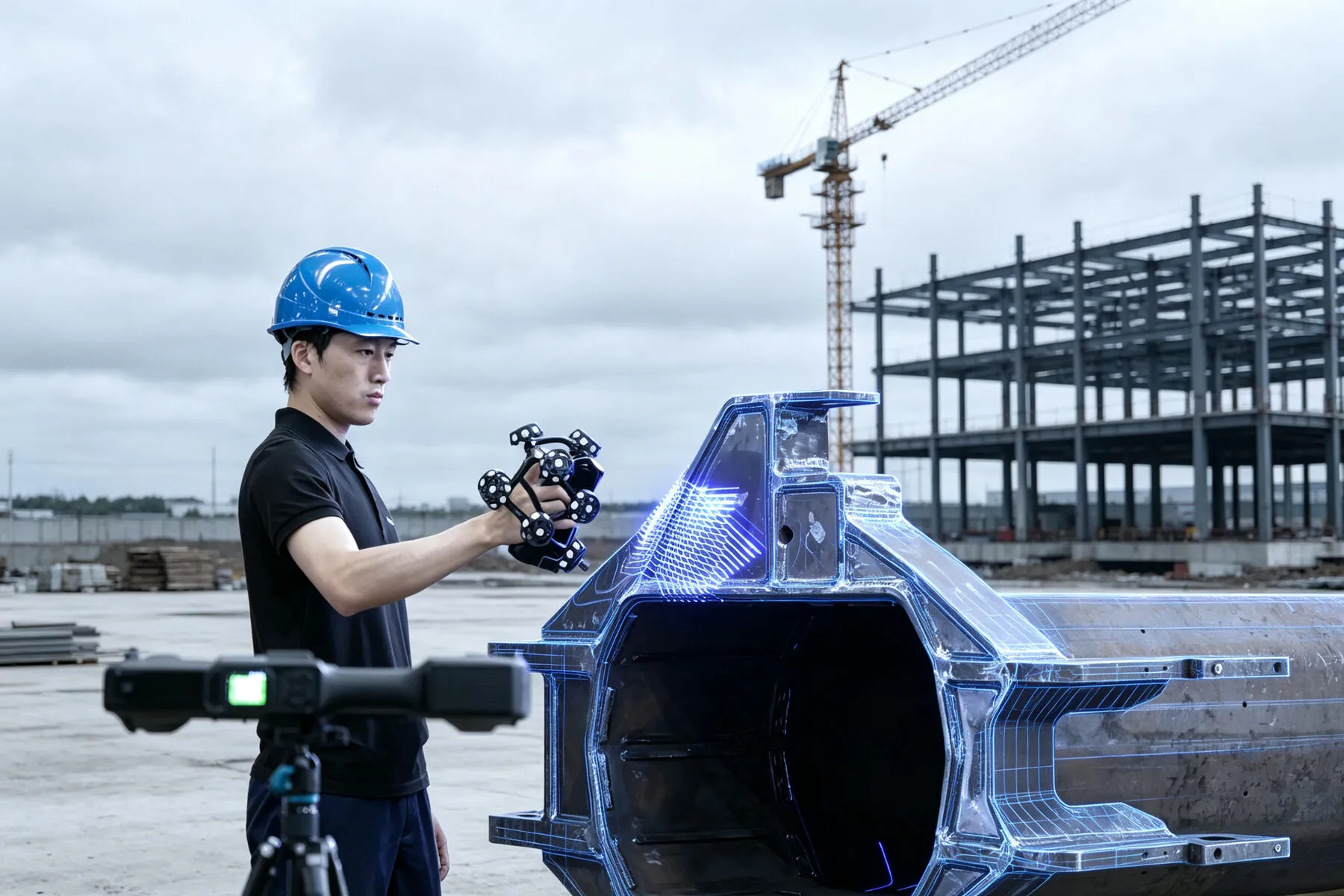 Operator scanning a large fabricated steel structure outdoors on a construction site with the TrackScan GO