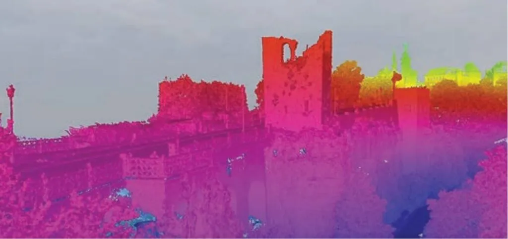 Point cloud of a historic castle wall with a height color overlay in Artec Twins