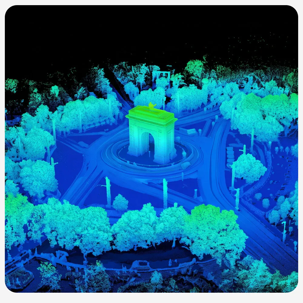 Artec Twins point cloud of a triumphal arch and the surrounding streets and trees, colored by height