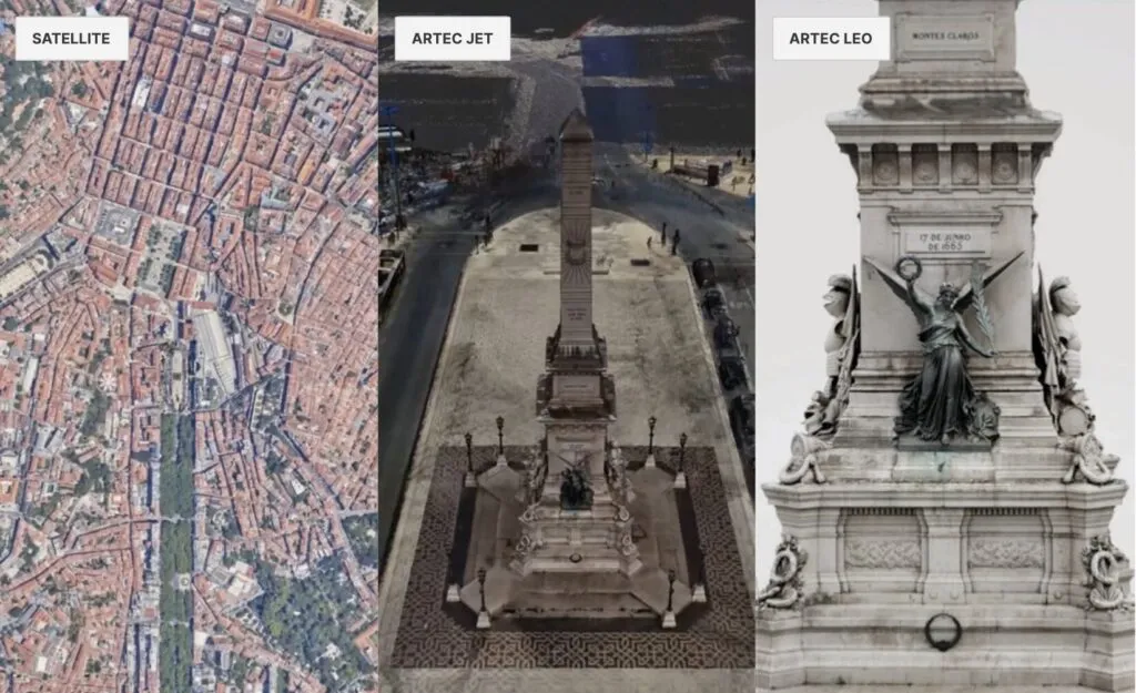 One location captured three ways in Artec Twins: satellite imagery, an Artec Jet LiDAR scan of a city square, and an Artec Leo scan of a monument