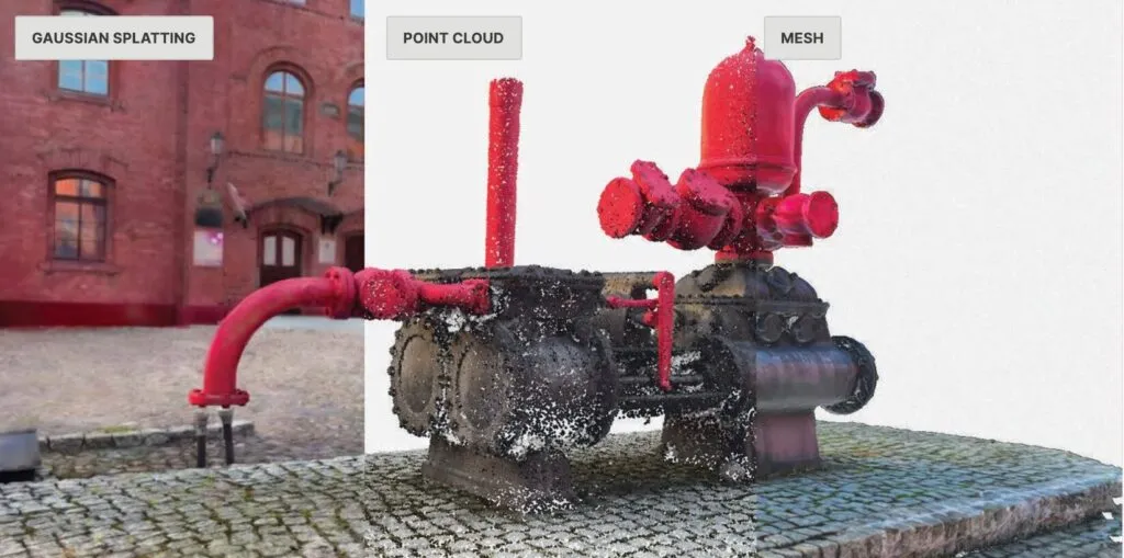 The same industrial pump shown as a Gaussian splat, a point cloud and a mesh in one Artec Twins workspace