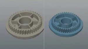 QuickSurface AI teaser: a scanned camera lens gear mesh beside the editable CAD model reconstructed in QuickSurface 2027 Pro