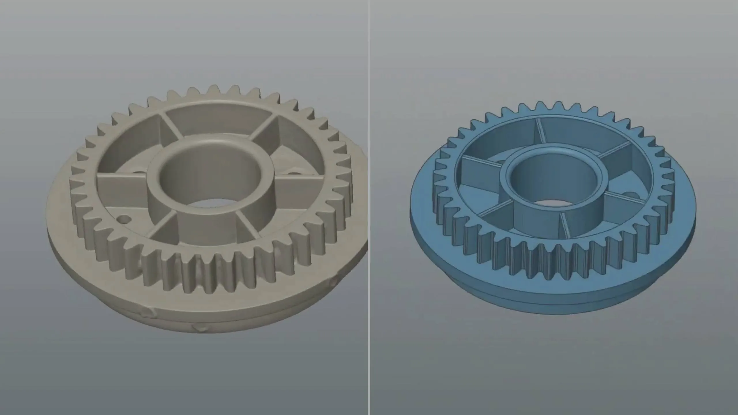 QuickSurface AI teaser: a scanned camera lens gear mesh beside the editable CAD model reconstructed in QuickSurface 2027 Pro